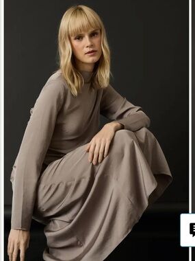 Luxely Funnel High-Neck Long Sleeve Midi Dress in Taupe Grey